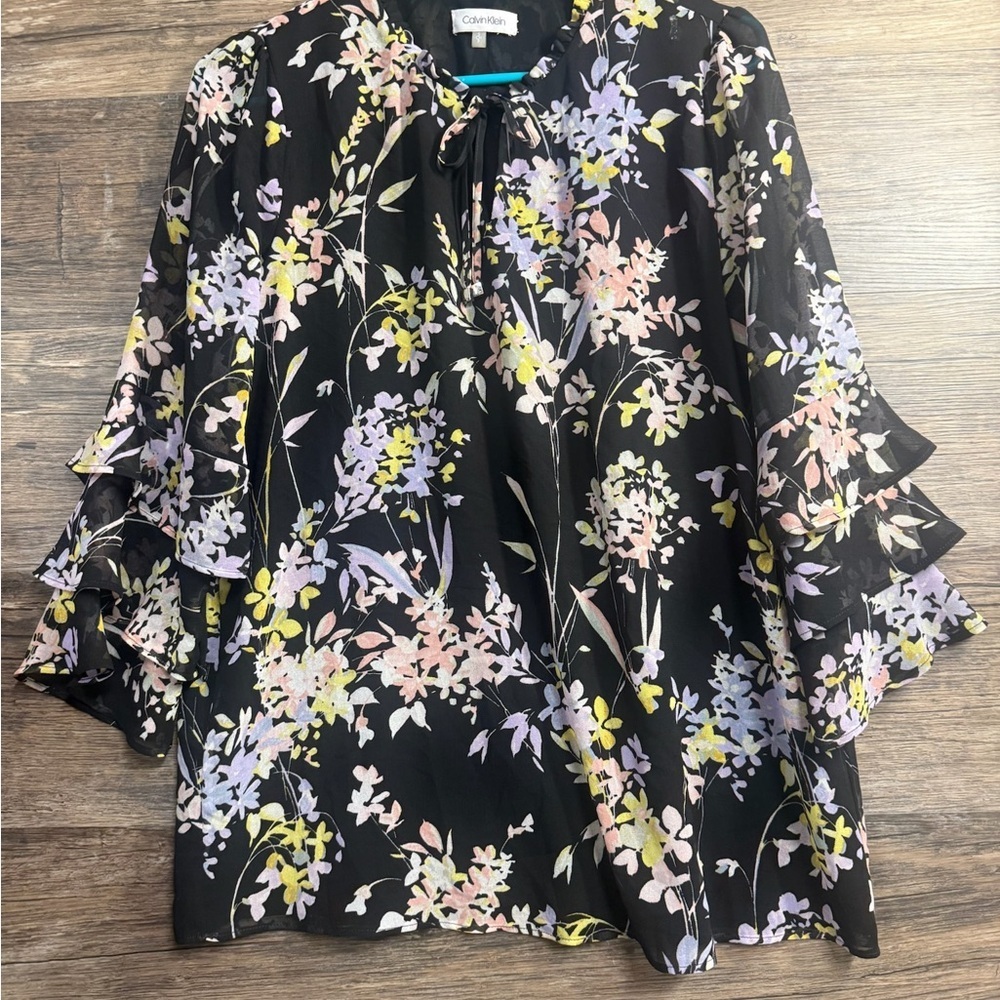 Calvin Klein Pink and Yellow Floral Ruffled Blouse with Bell Sleeves